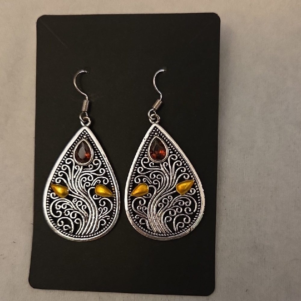 Intricate Silver and Amber Teardrop Earrings